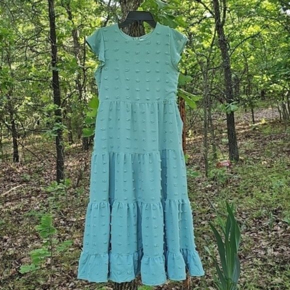 HOSIKA Girls Maxi Dress Ruffle Sleeve Swiss Dot A Line Tiered Flowy Casual Party - Picture 1 of 14
